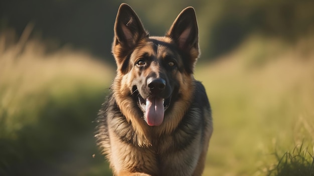 Brun noir vieux berger allemand marchant regarder et regarder la langue du chien de la caméra jouant dans la nature