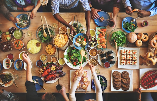 Brunch, choix, foule, manger, nourriture, options, manger, concept