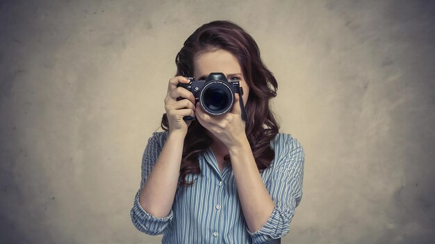 Une brune attrayante vise son appareil photo en composant une photographie dans un studio isolé sur un mur gris.