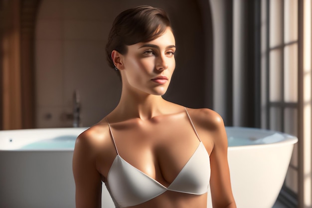 Brune aux cheveux courts et lingerie se prépare à prendre une douche dans la baignoire Generative AI_23