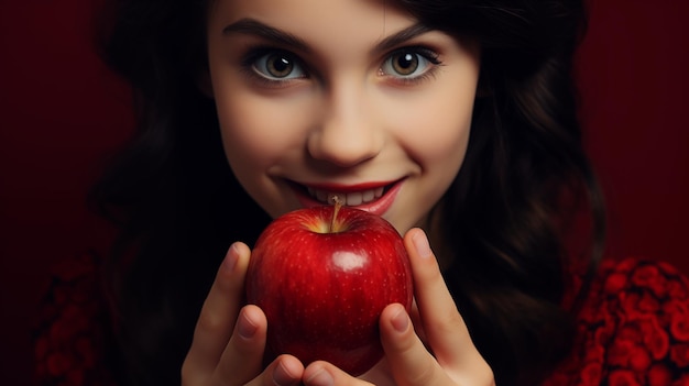 Une brune aux yeux bruns tient une pomme rouge vif dans ses mains Photo de portrait Espace de copie