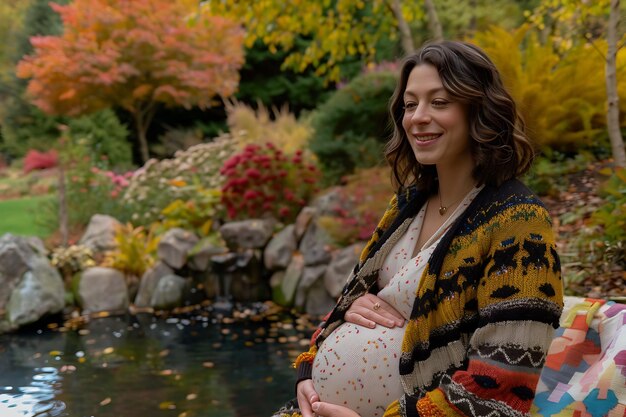 Photo une brune enceinte dans un pull à tricot surdimensionné.