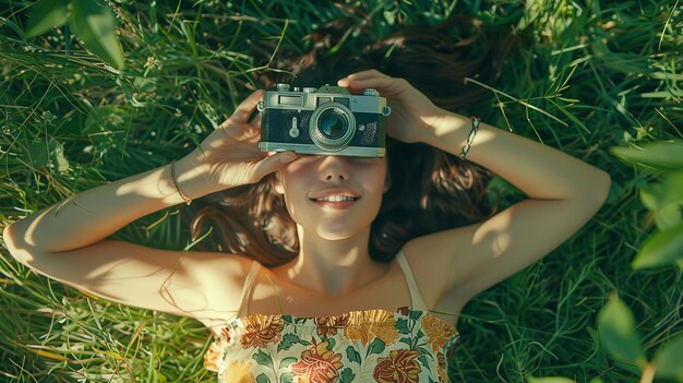 Une brune sur l'herbe qui prend une photo avec un appareil photo à l'ancienne.