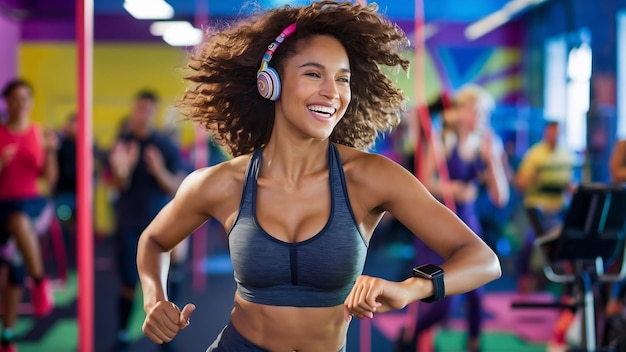 Une brune joyeuse et bouclée, une femme en forme, écoutant de la musique.