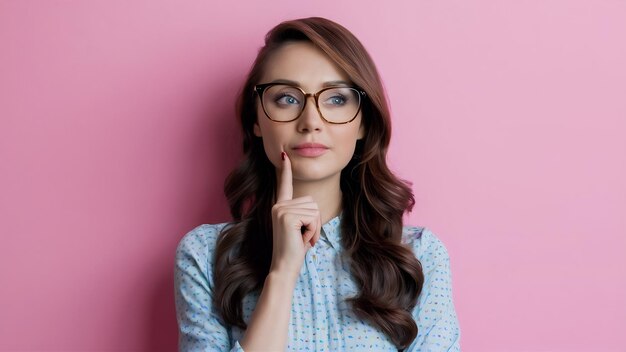 Photo une brune réfléchie avec des lunettes élégantes posant sur un mur rose.