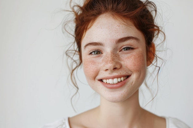 Une brune souriante, une Caucasienne, une jeune femme heureuse, jolie, adulte, avec des taches de rousseur sur le visage.