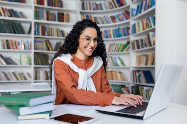 Photo une brune souriante tapant sur le clavier d'un ordinateur portable alors qu'elle est assise dans la bibliothèque du campus avec des universitaires