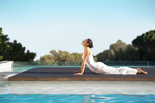 Brunette pacifique au cobra pose au bord de la piscine