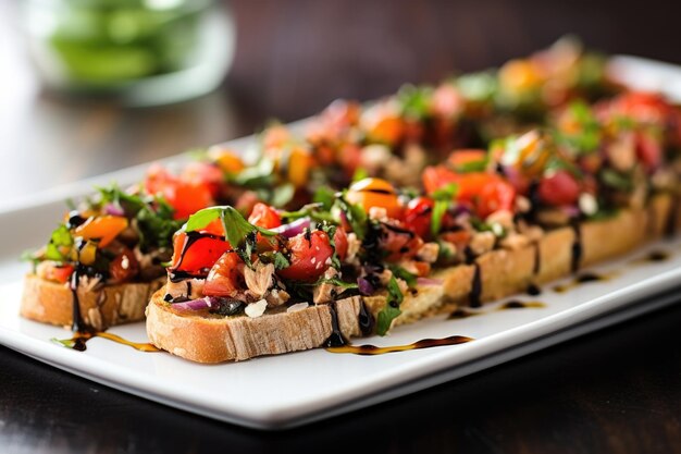 Bruschetta au thon sur un plat de service en verre transparent