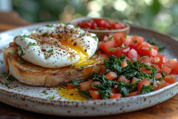 Photo bruschetta aux blettes et aux épinards, l'œuf poché est dans une assiette sur la table