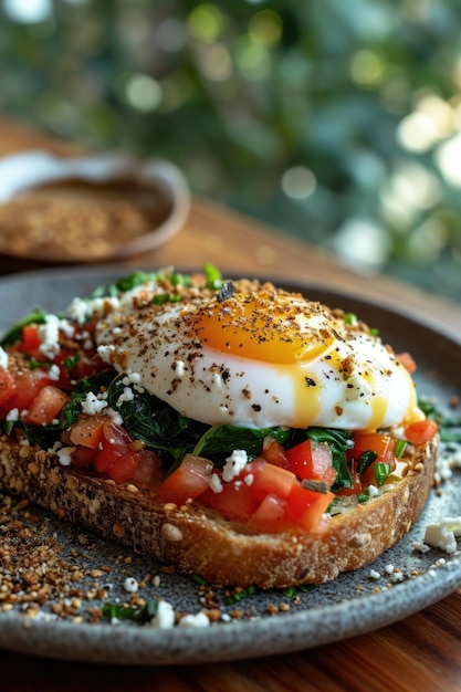 bruschetta aux blettes et aux épinards, l'œuf poché est dans une assiette sur la table