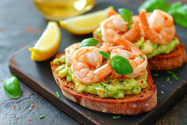 Bruschetta à l'avocat et à la crevette sur fond de pierre noire