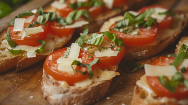 Bruschetta délicieuse avec du fromage de tomate et du basilic sur une planche rustique