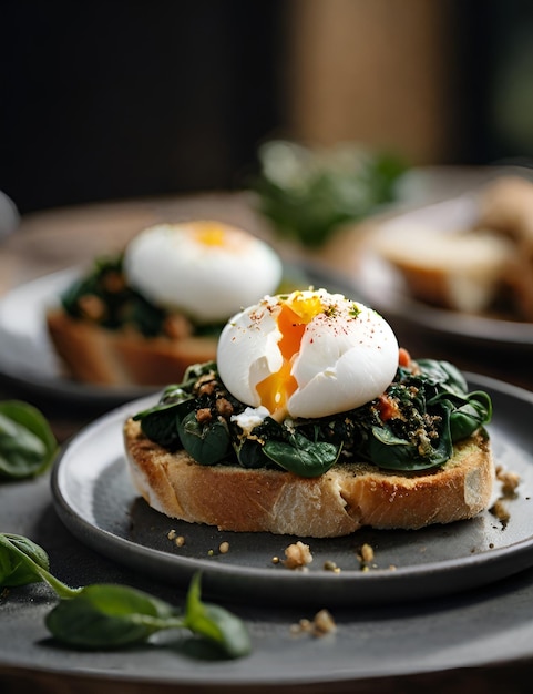 Bruschetta avec des épinards et un œuf.