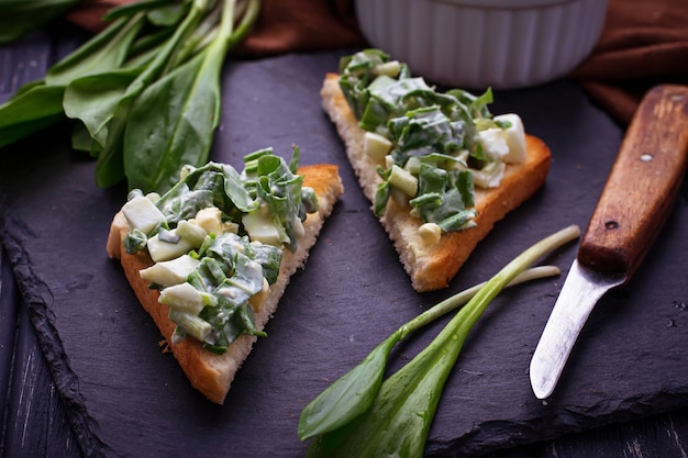 Bruschetta avec salade Ramson sur fond d&#39;ardoise