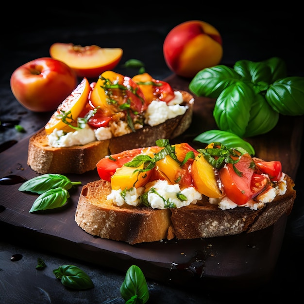 Bruschetta avec des tomates, du fromage mozzarella et des feuilles de menthe