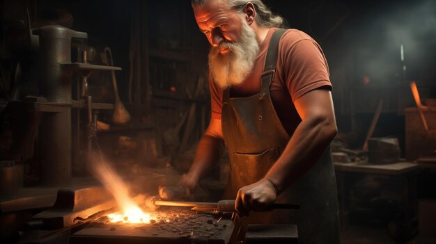 Brutal vieux forgeron barbu dans un tablier forge le produit sur l'enclume dans la forge