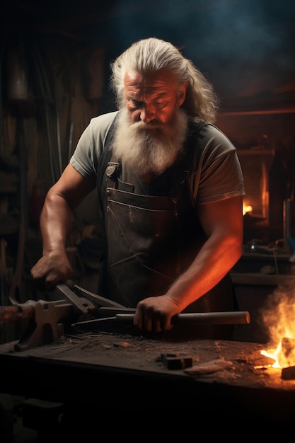 Brutal vieux forgeron barbu dans un tablier forge le produit sur l'enclume dans la forge