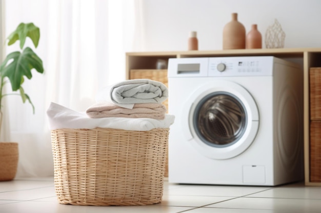 Buanderie avec machine à laver et vêtements sales dans le panier Routine et tâches quotidiennes