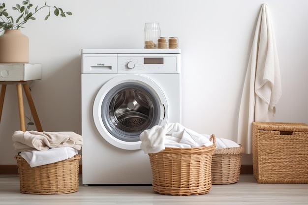 Buanderie moderne avec paniers à linge en osier naturel et machine à laver