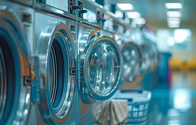 Photo buanderie publique avec une rangée de machines à laver industrielles et des paniers de vêtements