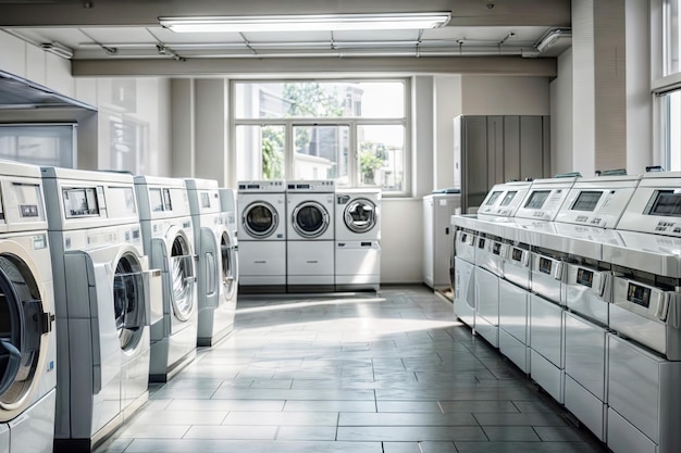 Photo buanderie vide avec machines à laver industrielles dans une buanderie publique