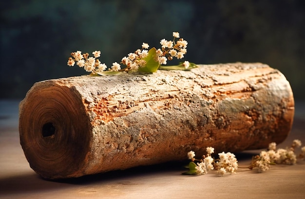 Une bûche avec des bourgeons de fleurs et des feuilles vertes