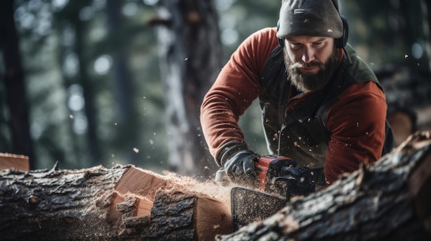 Le bûcheron utilise un treuil sur le muscle de l'arbre tombé et la tension du câble