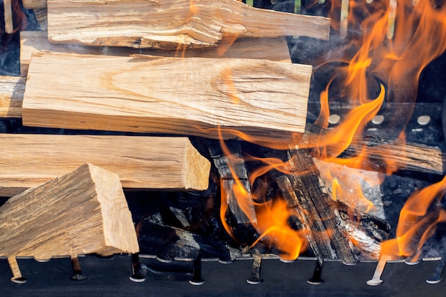 Photo bûches de bois brûlant dans le gril