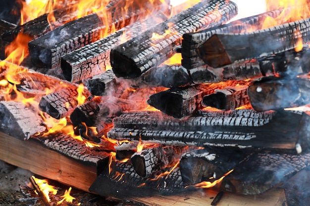 les bûches de bois sèches brûlent avec une flamme vive dans le feu