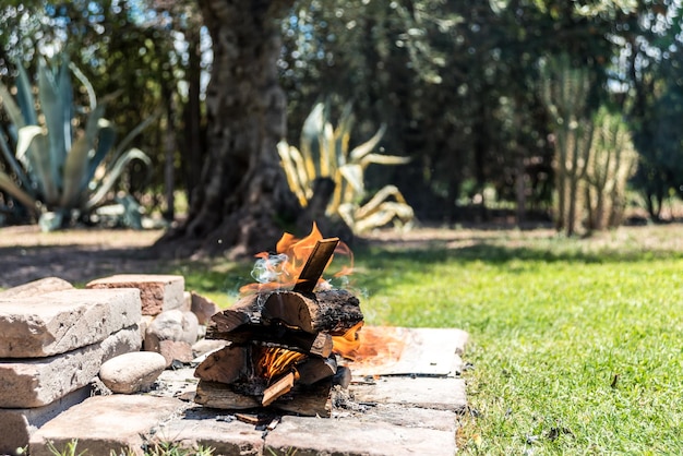 Bûches incendiées pour cuire la viande sur le feu argentin typique