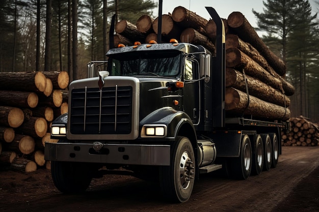 Bûches de pin chargées sur un camion noir AI