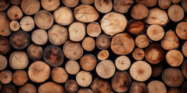 Des bûches sciées naturelles en bois en arrière-plan Vue supérieure Texture du bois Pour l'illustration de livres de cartes postales de bannières Créé avec des outils d'IA génératifs