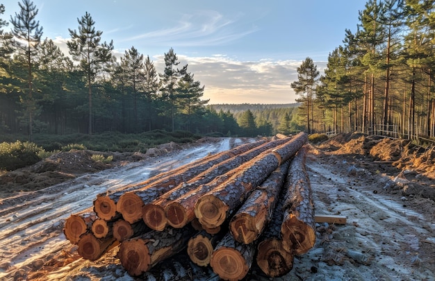 Des bûches sont empilées dans la forêt Une photo d'arbres coupés empilés dans la forêts