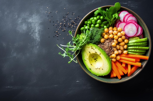 Buddha bowl végétalien avec avocat, carottes, épinards, pois chiches et radis