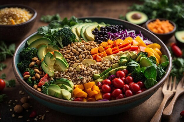 Un Buddha Bowl végétalien rempli d'une variété de légumes frais et de céréales