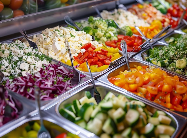 Buffet au restaurant Set coloré de légumes fraîchement hachés Salades dans des bols transparents