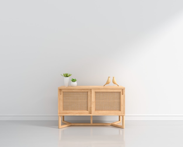 Buffet en bois dans un salon blanc avec espace copie