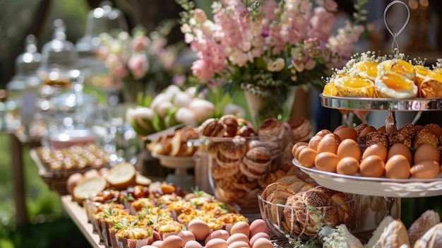 Buffet de brunch de Pâques avec boulangerie, pâtisseries, œufs et fleurs de printemps fraîches dans un jardin