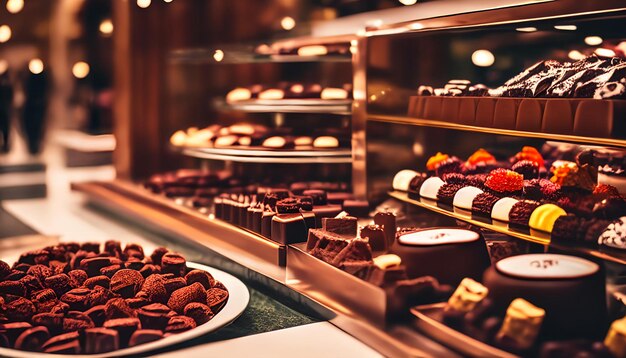 Un buffet de chocolats et de chocolats est présenté.