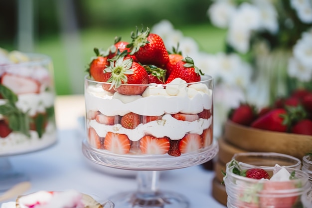 Buffet de desserts aux fraises restauration de table pour fête de mariage et fête de vacances fraises desserts dans un jardin de campagne ai générative