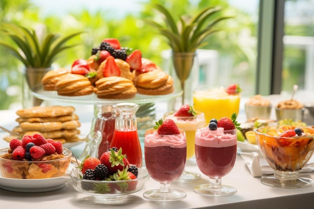 Un buffet de desserts comprenant des fruits, des framboises et des frambeaux.