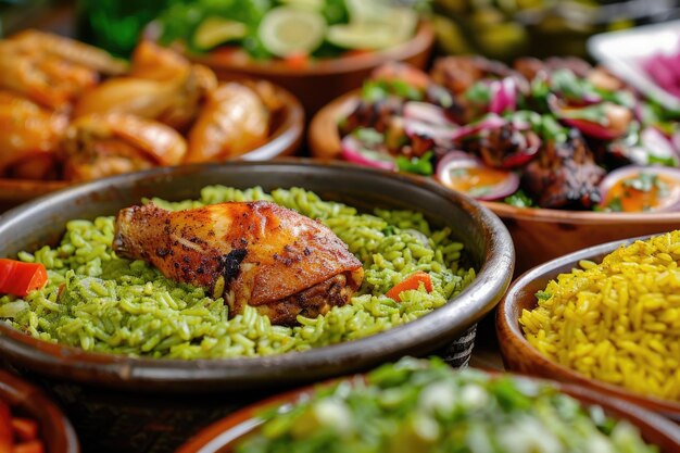 Buffet gourmet péruvien avec des plats traditionnels comme l'arroz con pollo