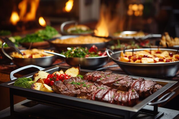 buffet avec de la nourriture et des bougies sur une table