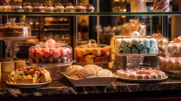 Un buffet avec pâtisseries et desserts en vitrine