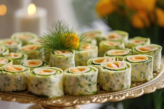 Buffet traiteur pour événements, fêtes ou réceptions de mariage Assortiment de délicieux rouleaux de sushi sur fond doré