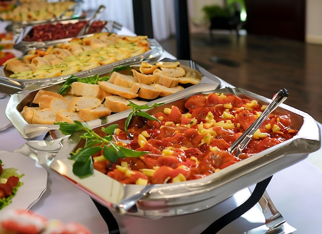 Buffets avec nourriture et vin lors d'un événement