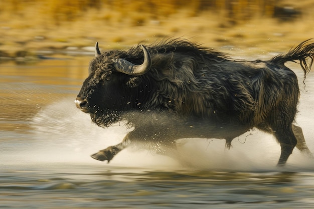 Un buffle yak attrapé la puissance de la mi-marche incarnée dans le mouvement