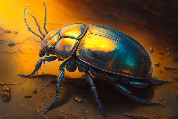 Bug aux couleurs bleu et or assis sur le sol AI générative