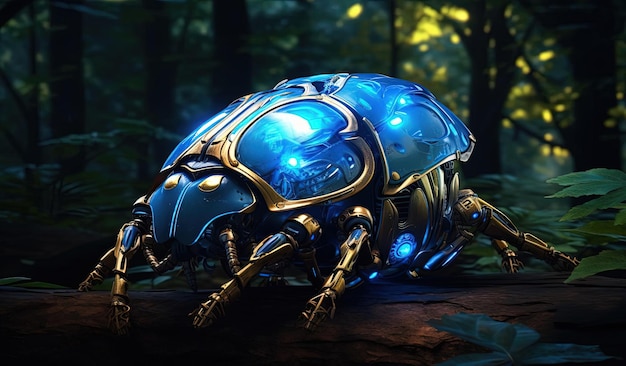 bug bleu sur un sol forestier avec des lumières dans le style des illustrations de l'âge d'or